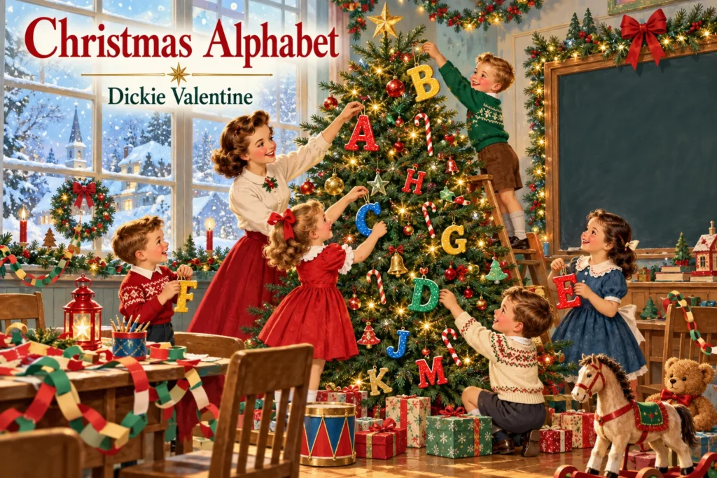 Christmas Alphabet: children decorate a classroom Christmas tree with colorful letter ornaments and paper chains.