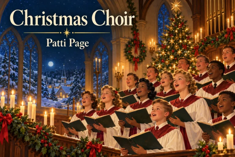Christmas Choir: joyful singers perform beside a glowing tree on Christmas Eve.