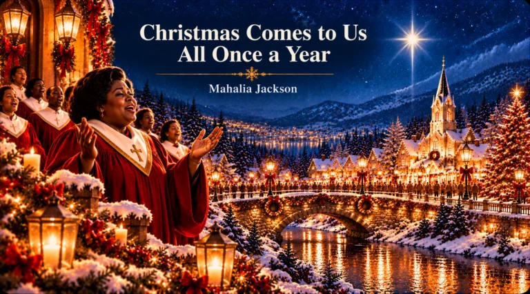 Christmas Comes to Us All Once a Year – joyful choir sings beside a glowing snowy village.