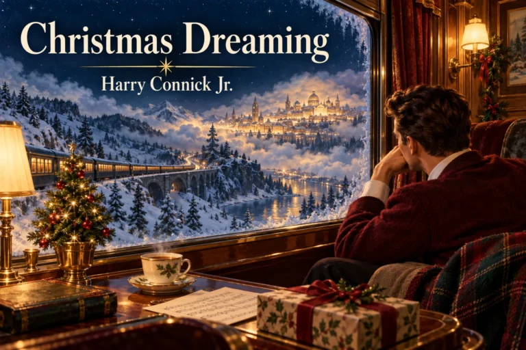 Christmas Dreaming – a traveler watches a glowing festive city from a train crossing snowy mountains.