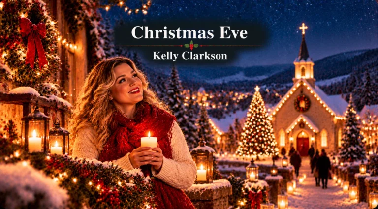Christmas Eve – woman holds a glowing candle beside a festive church on a snowy Christmas night.