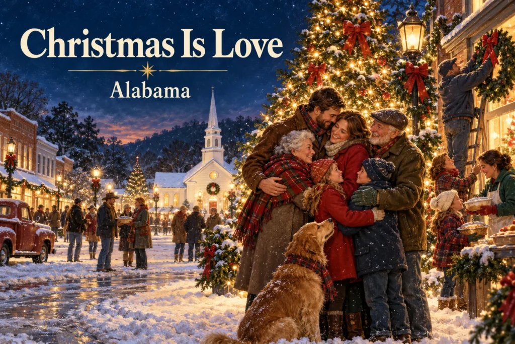 Christmas Is Love – family embraces beside a glowing tree in a snowy Southern town.