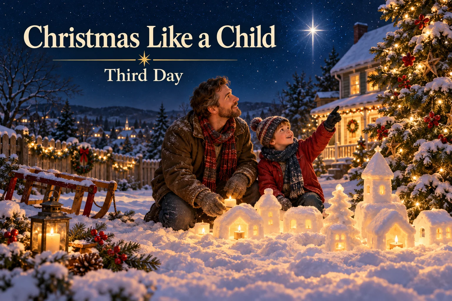 Christmas Like a Child – father and son build a glowing snow village beneath the stars.