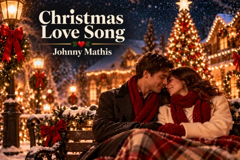 Christmas Love Song – Johnny Mathis celebrates romance beside a glowing Christmas tree in a snowy village.
