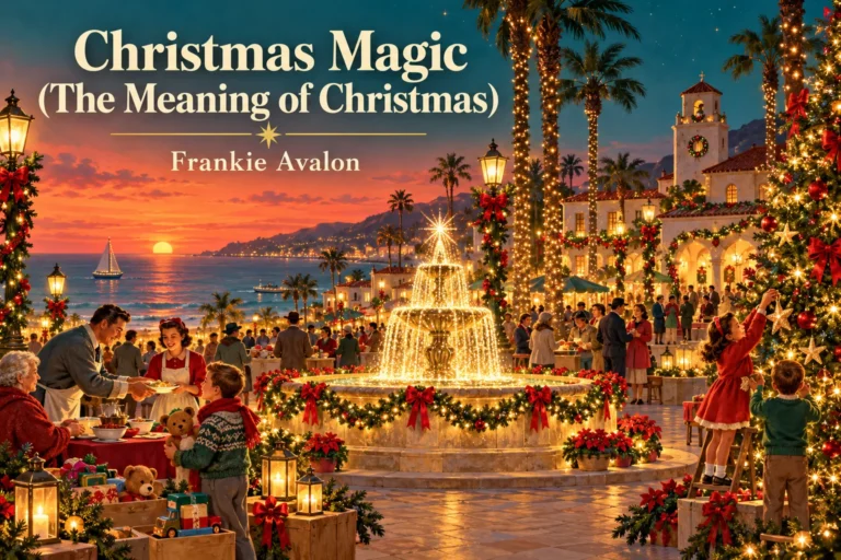 Christmas Magic: neighbors share gifts and kindness in a glowing coastal town square.