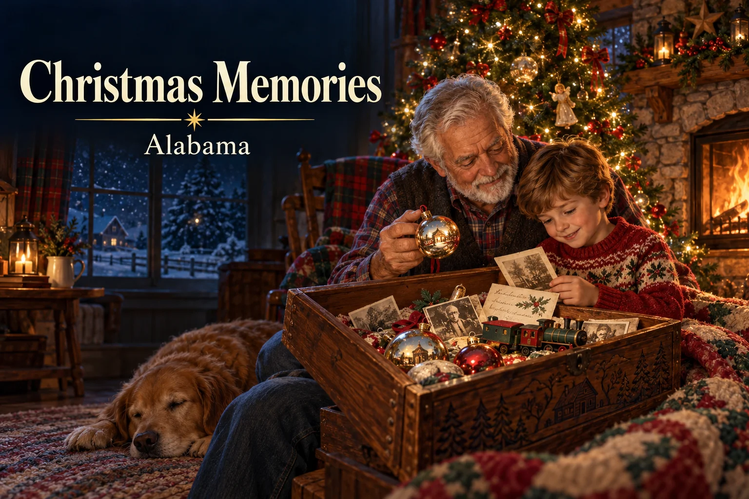 Christmas Memories – grandfather and child explore treasured ornaments beside the Christmas tree.