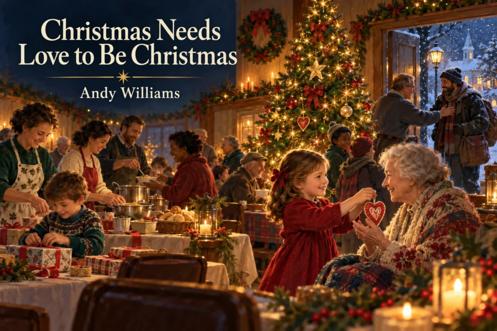 Christmas Needs Love to Be Christmas – child shares a heart ornament at a community gathering.