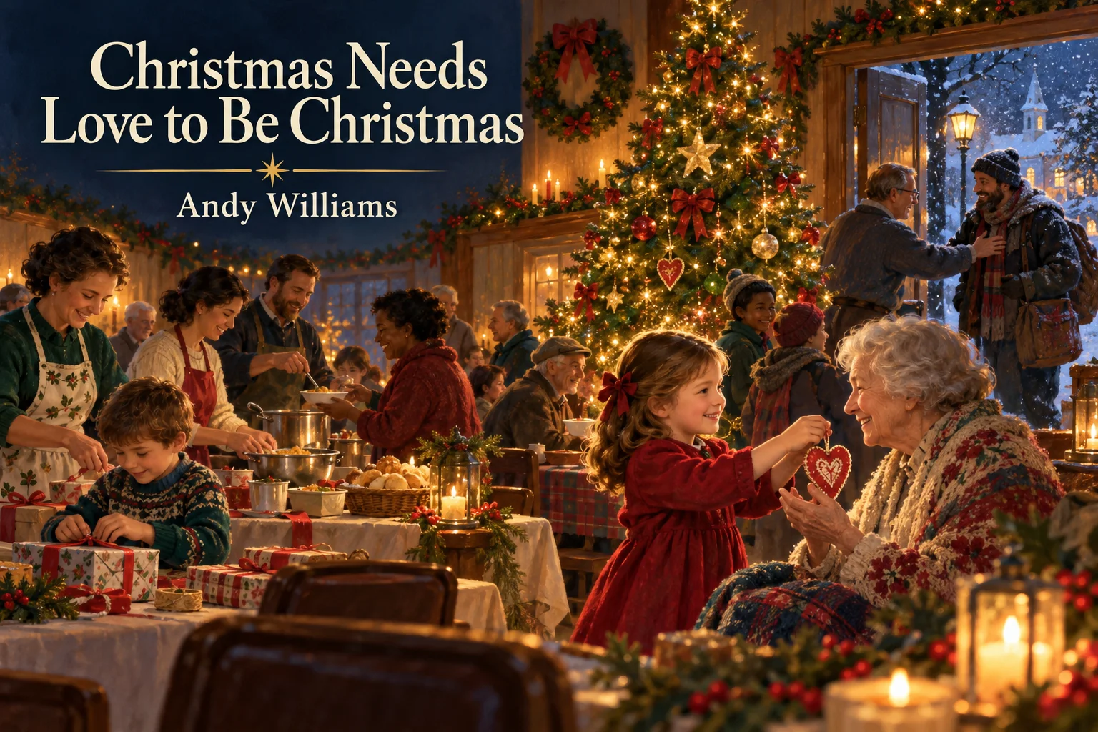 Christmas Needs Love to Be Christmas – child shares a heart ornament at a community gathering.