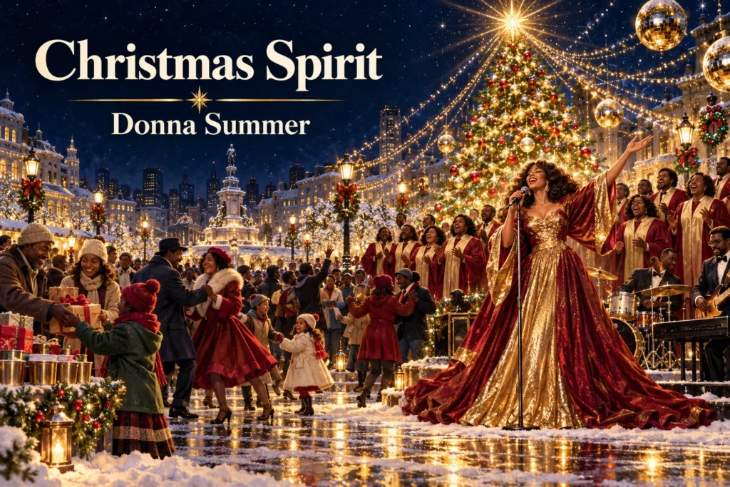 Christmas Spirit – joyful singer and choir lead a sparkling city celebration.
