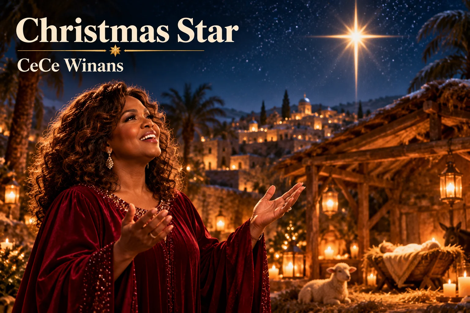 Christmas Star – CeCe Winans sings beneath a glowing star beside a peaceful Christmas nativity scene.