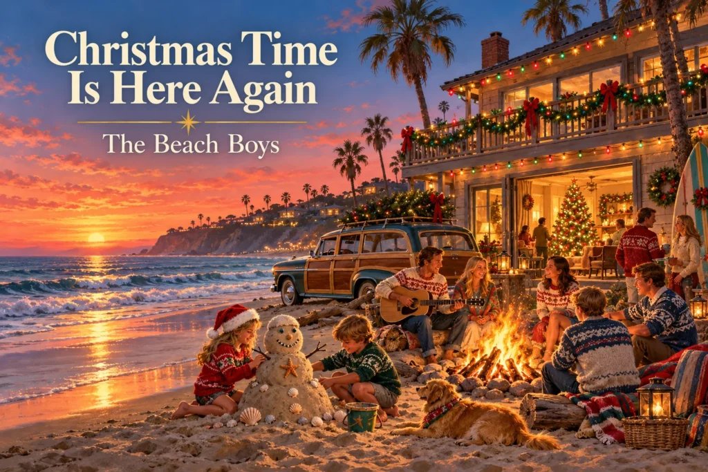 Christmas Time Is Here Again – families celebrate with a bonfire and sand snowman beside ocean.