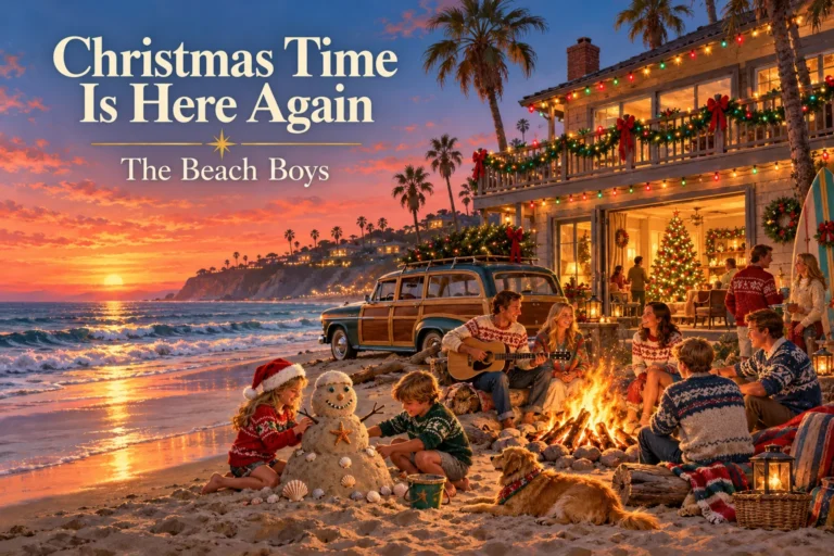 Christmas Time Is Here Again – families celebrate with a bonfire and sand snowman beside ocean.