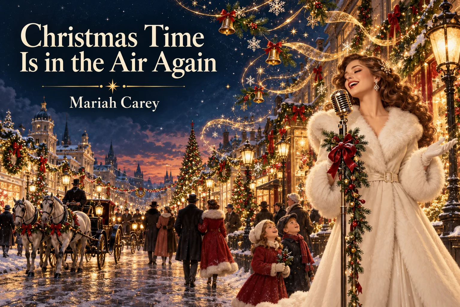 Christmas Time Is in the Air Again – singer performs on a magical festive boulevard.
