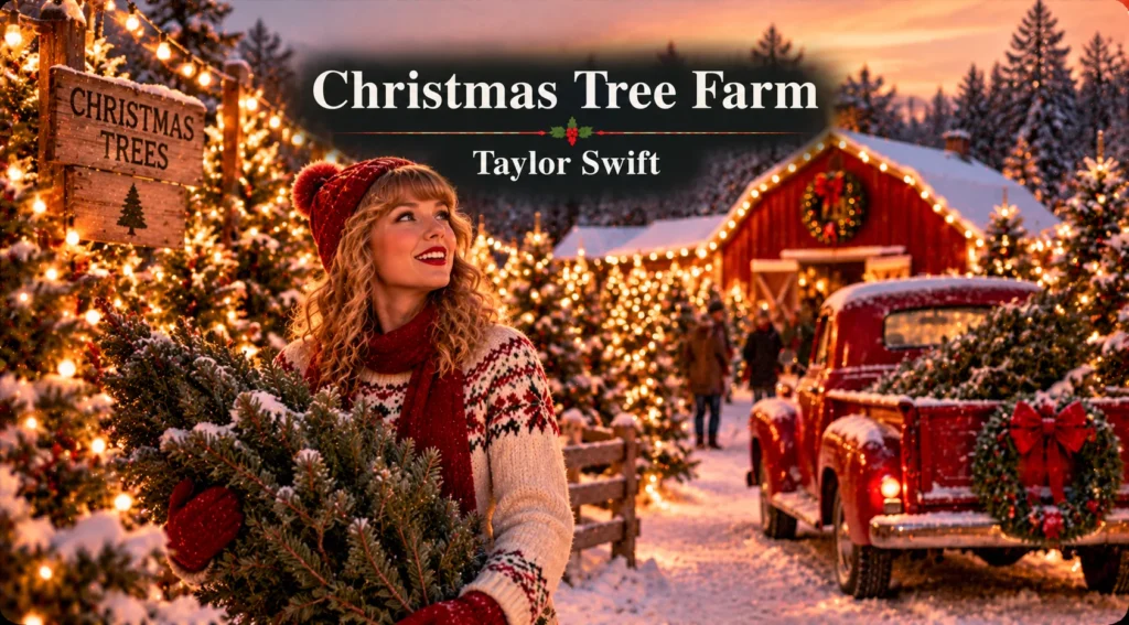 Christmas Tree Farm – woman carries a fir tree through a glowing snowy Christmas tree farm.