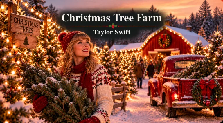 Christmas Tree Farm – woman carries a fir tree through a glowing snowy Christmas tree farm.