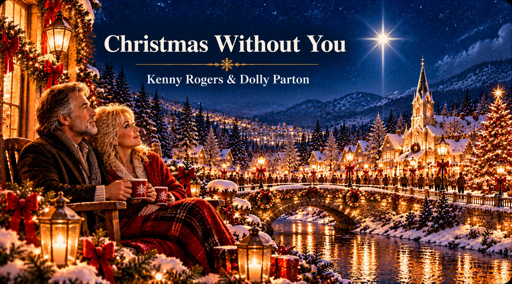 Christmas Without You – couple shares a quiet moment overlooking a glowing snowy Christmas village.