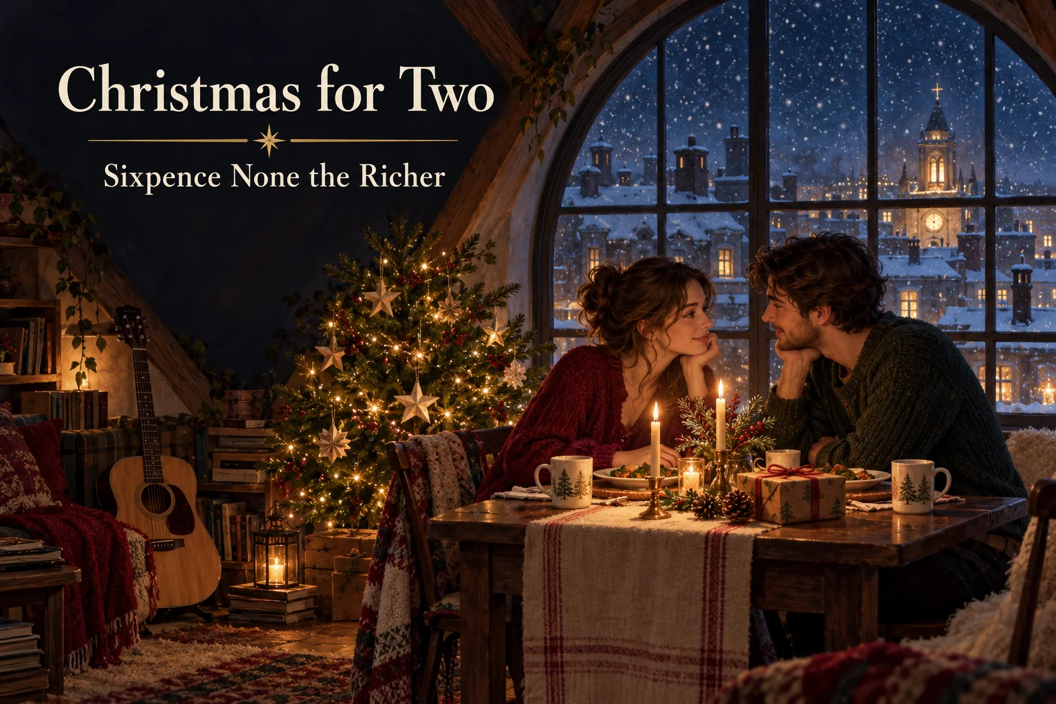Christmas for Two – couple shares a candlelit dinner beside a small Christmas tree.