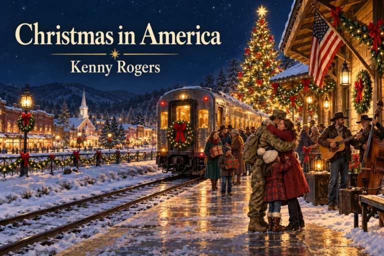 Christmas in America – family welcomes a returning service member at a festive station.
