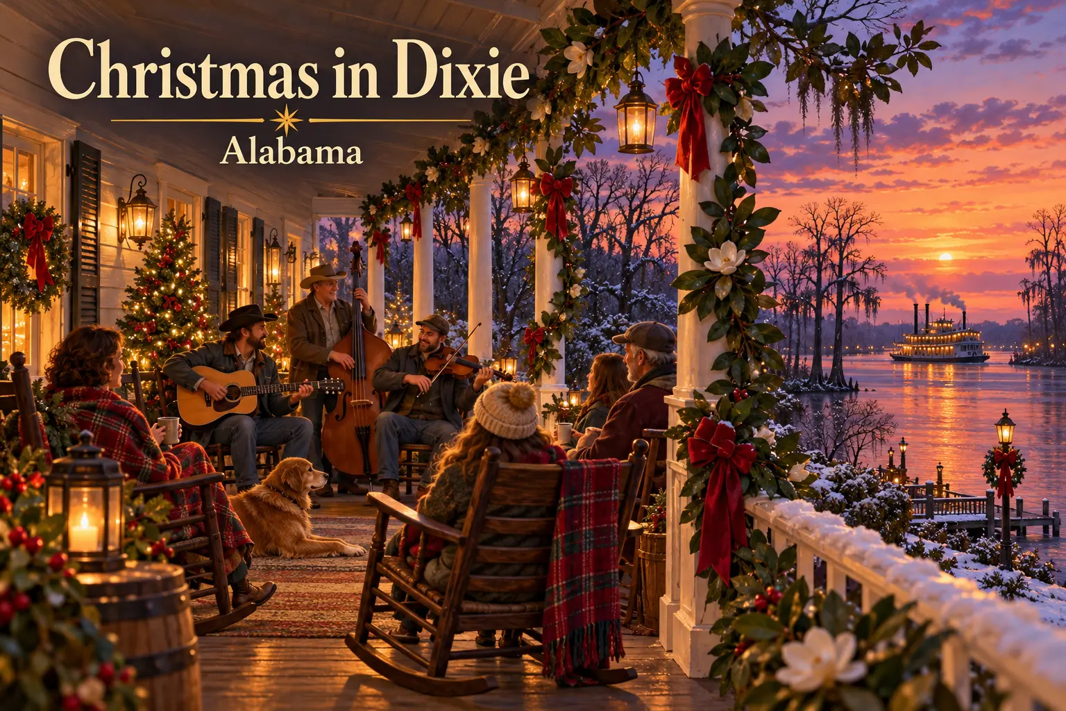 Christmas in Dixie: neighbors enjoy country music on a decorated Southern riverside porch.