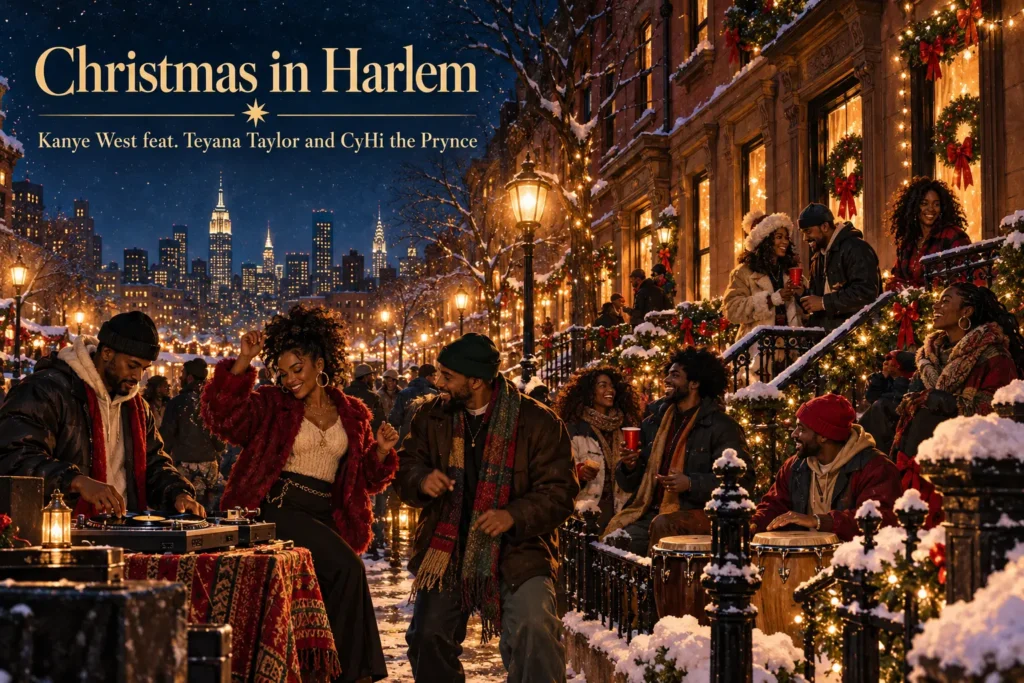 Christmas in Harlem: neighbors dance beside turntables on a festive snow-covered brownstone street.
