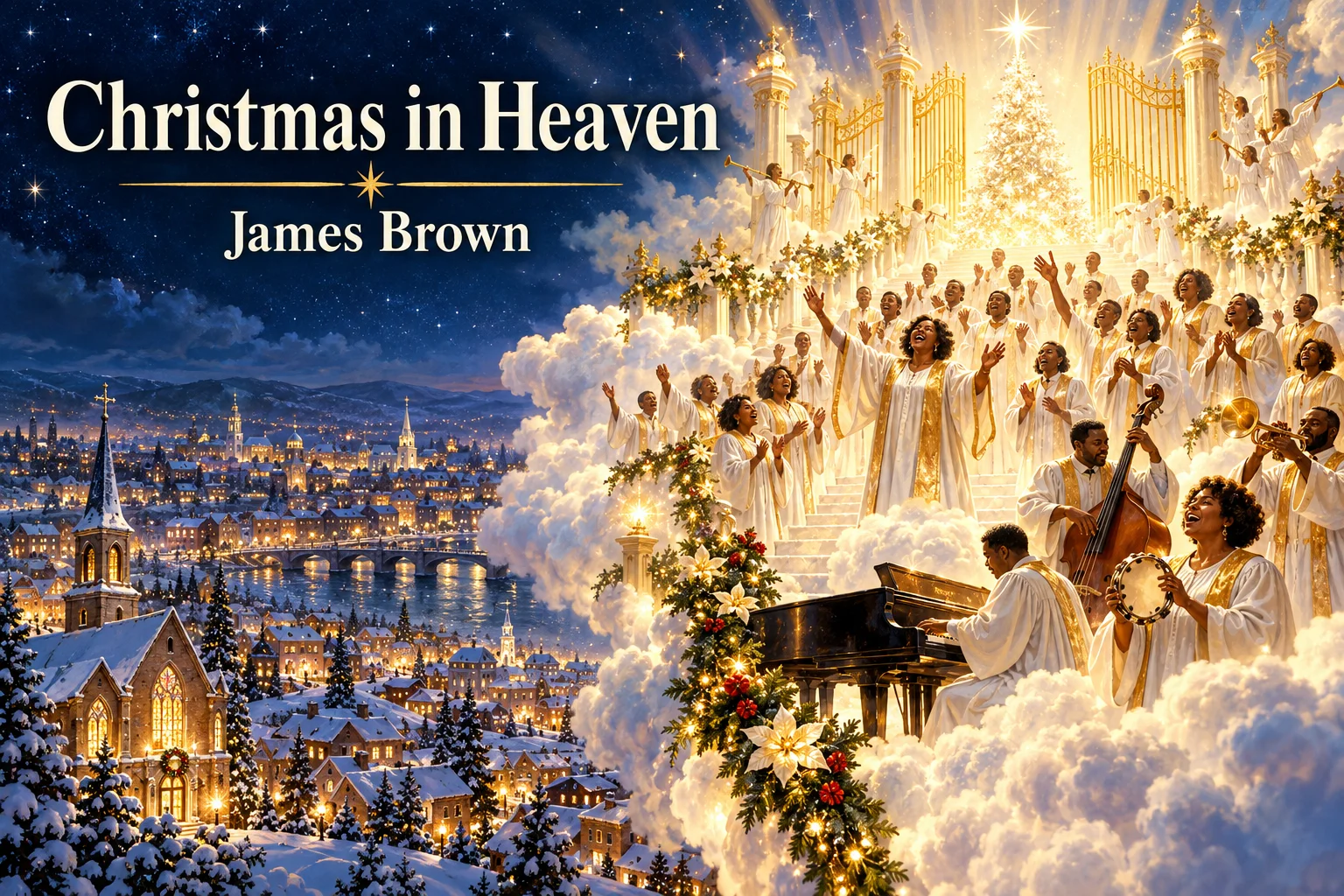 Christmas in Heaven – a joyful gospel choir celebrates above a glowing snow-covered city.