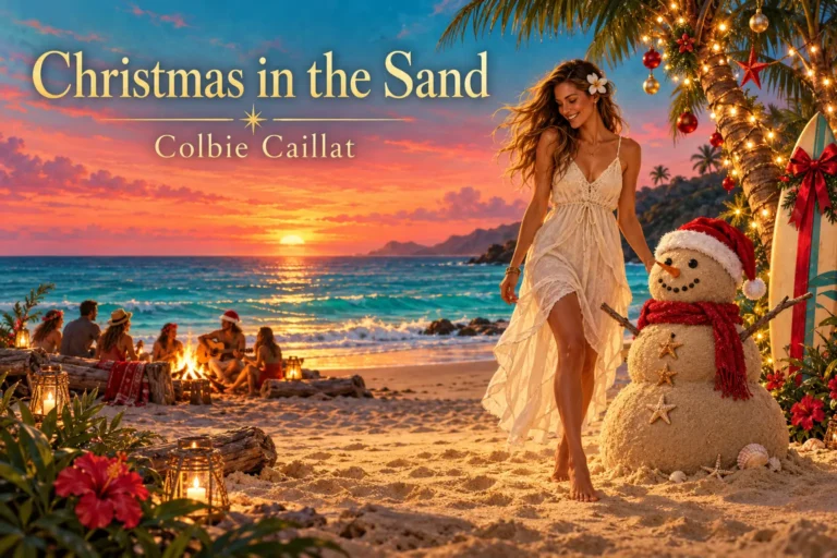 Christmas in the Sand: a woman walks beside a sand snowman on a tropical beach.