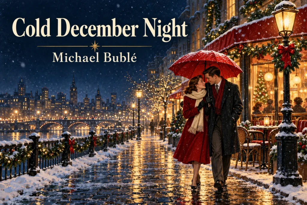 Cold December Night – couple walks beneath a red umbrella beside a festive snowy café.