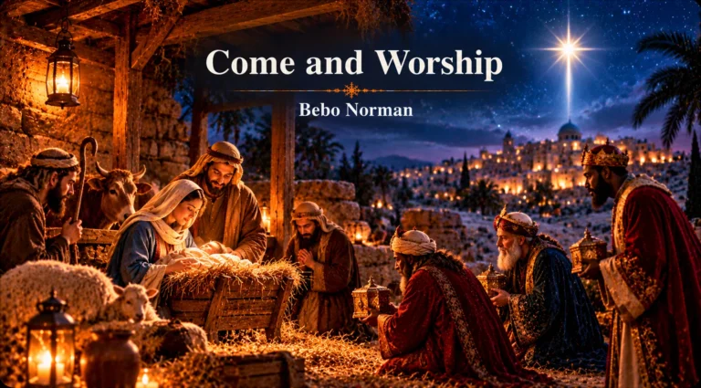Come and Worship – shepherds and wise men gather around baby Jesus beneath the Christmas star.