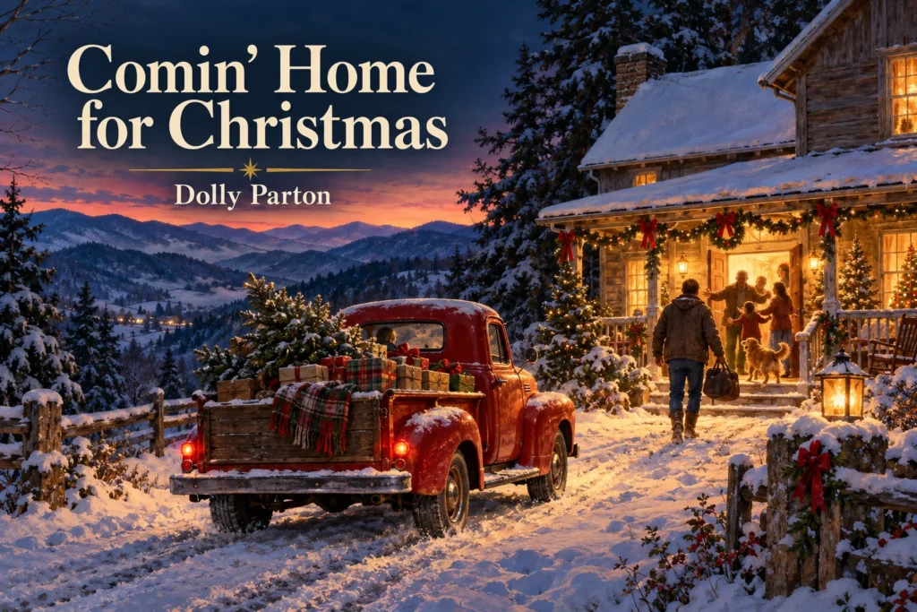 Comin’ Home for Christmas – traveler returns to a warmly lit mountain farmhouse with gifts.