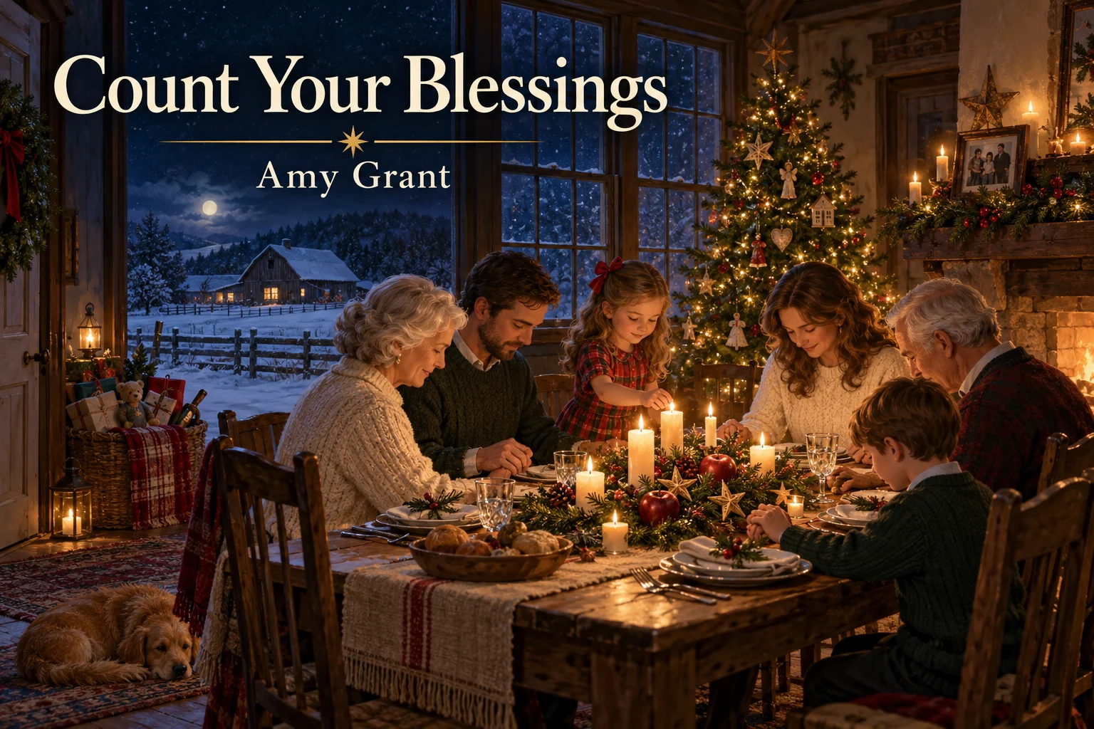 Count Your Blessings – three generations share a grateful Christmas meal inside a candlelit farmhouse.