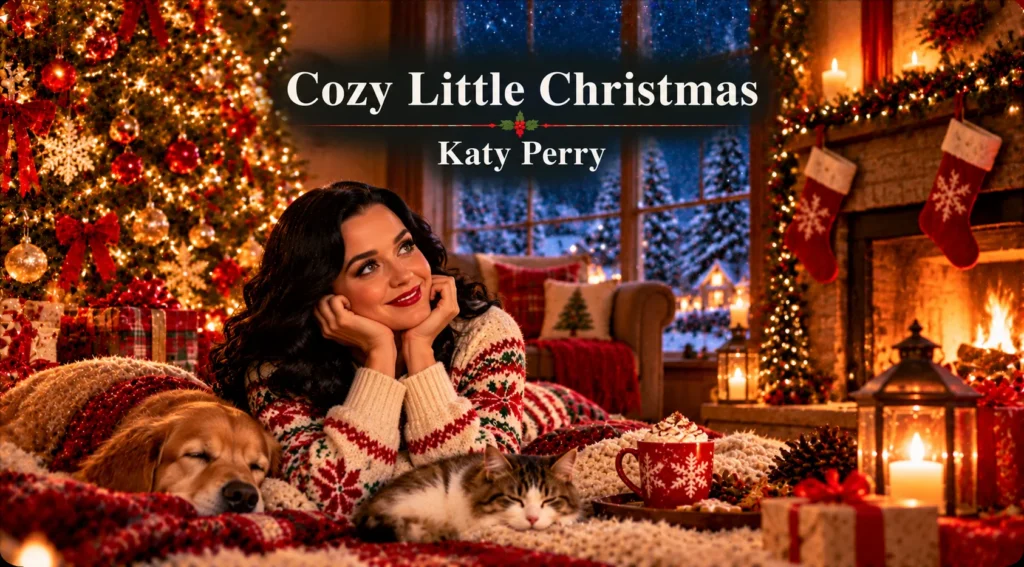 Cozy Little Christmas – woman relaxes with pets beside a glowing tree and warm fireplace.