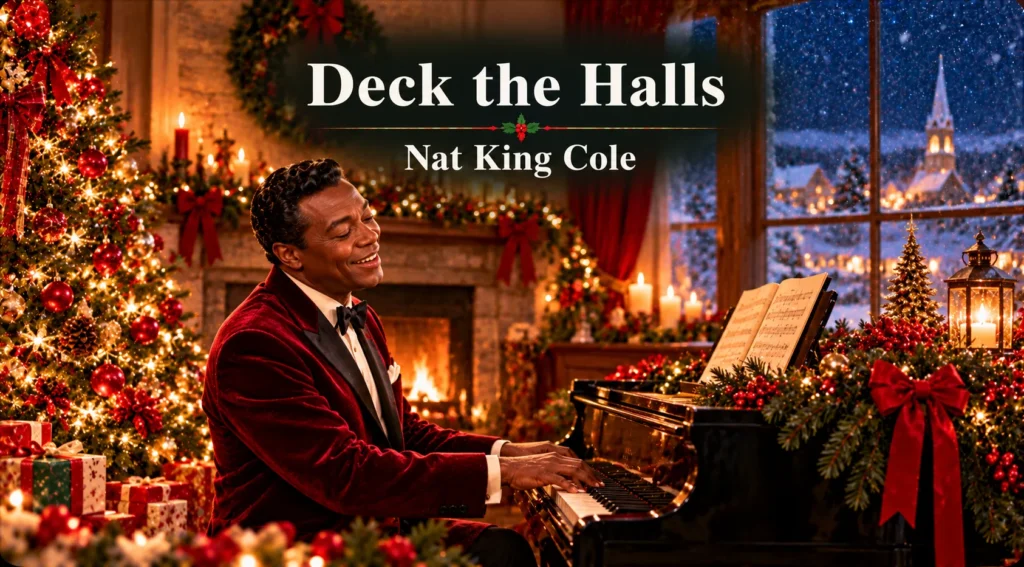 Deck the Halls – pianist performs beside a decorated Christmas tree and glowing fireplace.