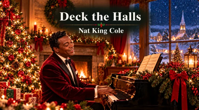 Deck the Halls – pianist performs beside a decorated Christmas tree and glowing fireplace.