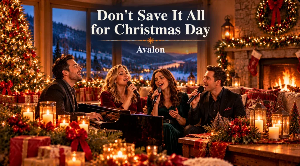 Don't Save It All for Christmas Day – singers celebrate together around a piano by the fireplace.