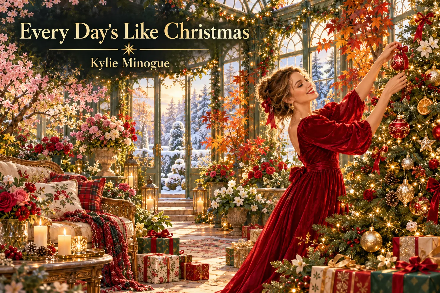 Every Day's Like Christmas: a woman decorates an evergreen amid blossoms, autumn leaves, and snow.