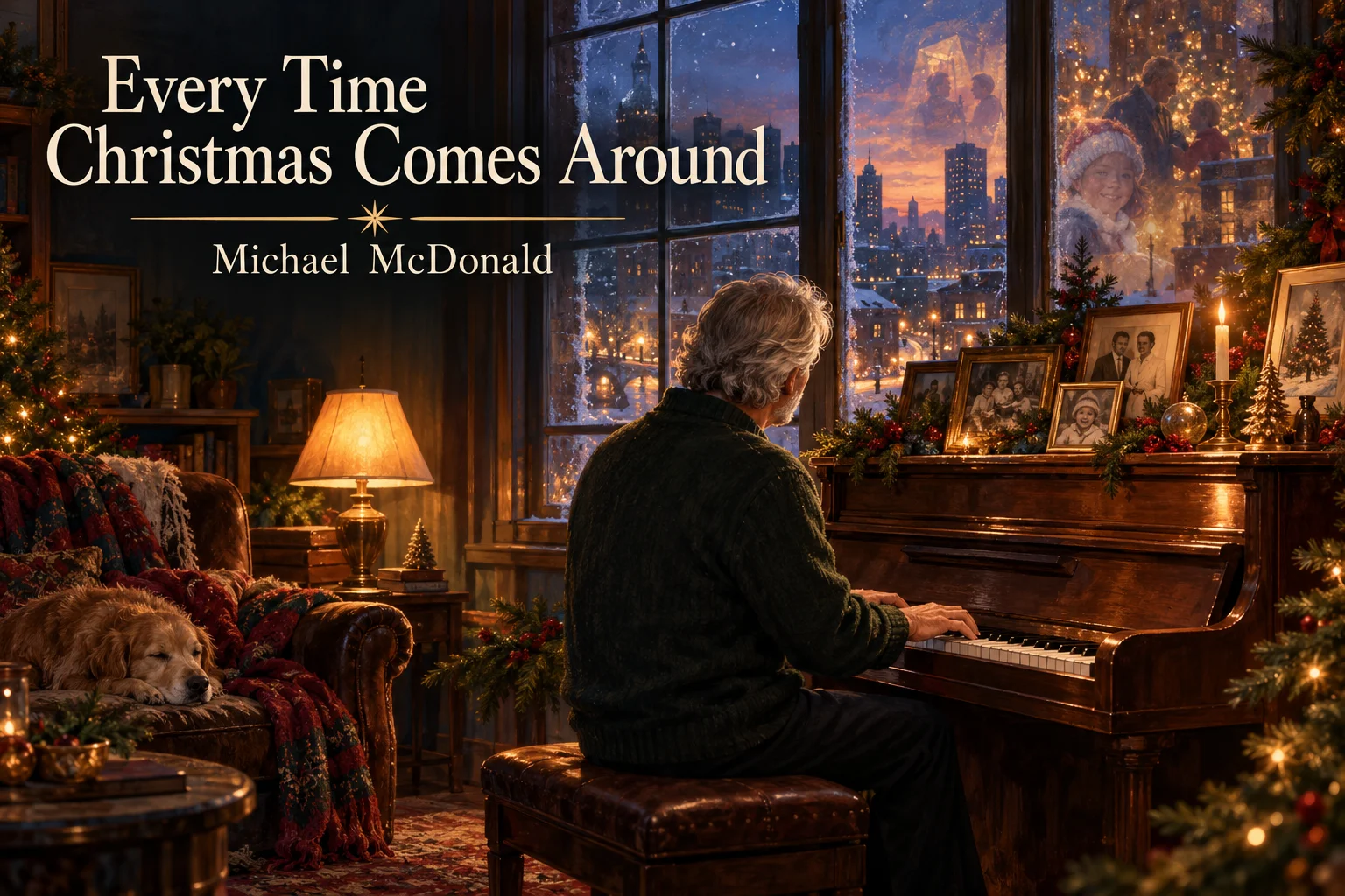 Every Time Christmas Comes Around – pianist recalls family memories beside snowy city windows.