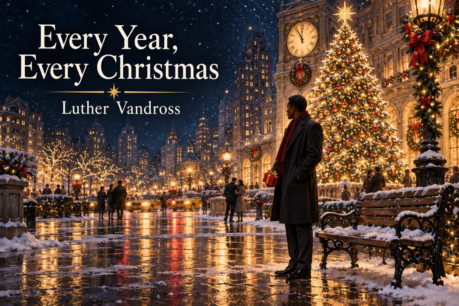 Every Year, Every Christmas – a man waits beside a glowing city tree.