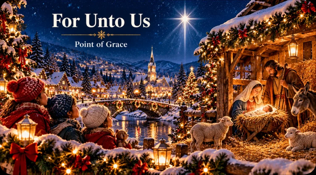 For Unto Us – nativity scene glowing beneath the Christmas star in a snowy village.
