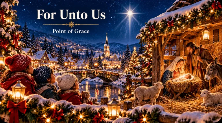 For Unto Us – nativity scene glowing beneath the Christmas star in a snowy village.