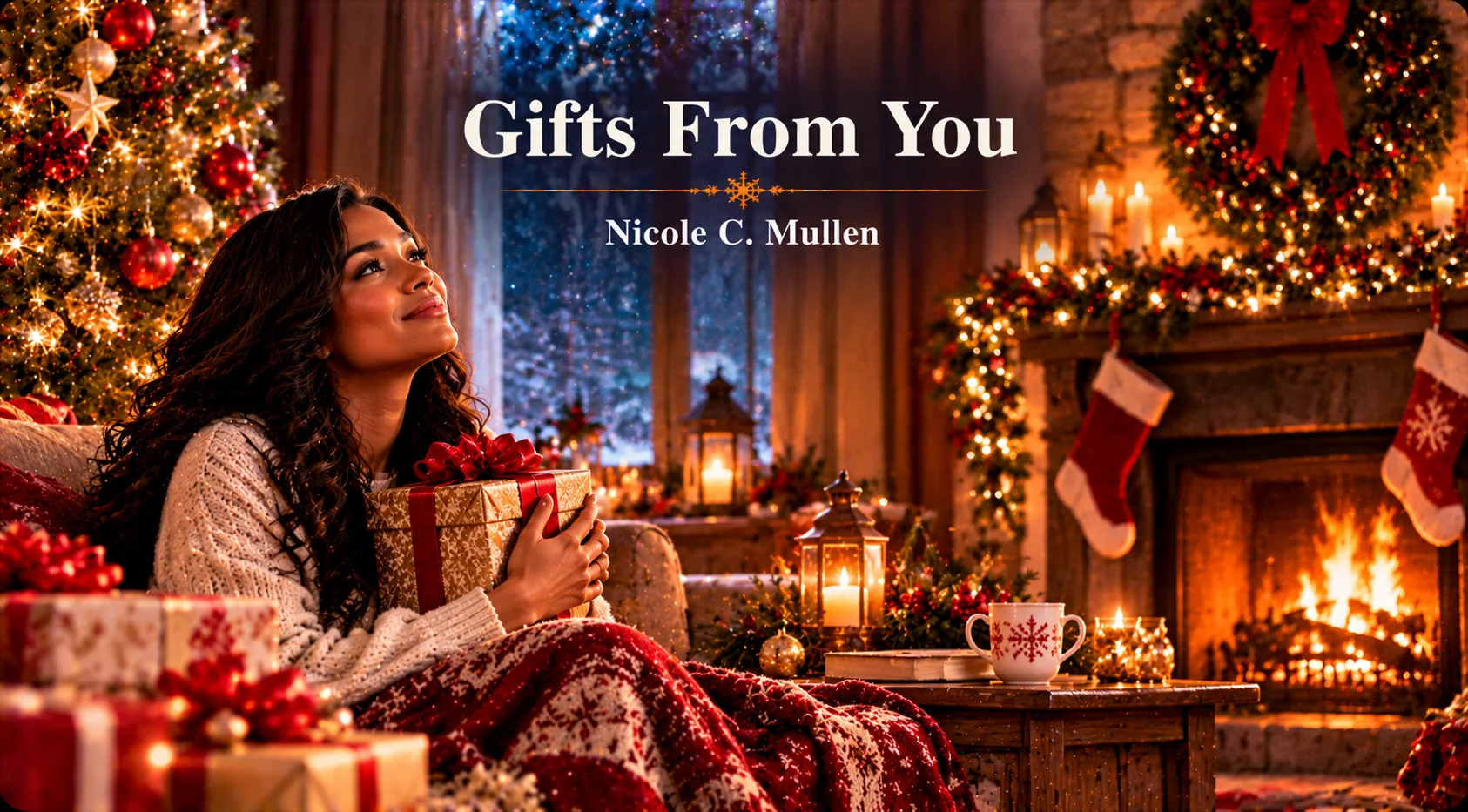 Gifts From You – woman holds a Christmas gift beside a warmly glowing fireplace and tree.