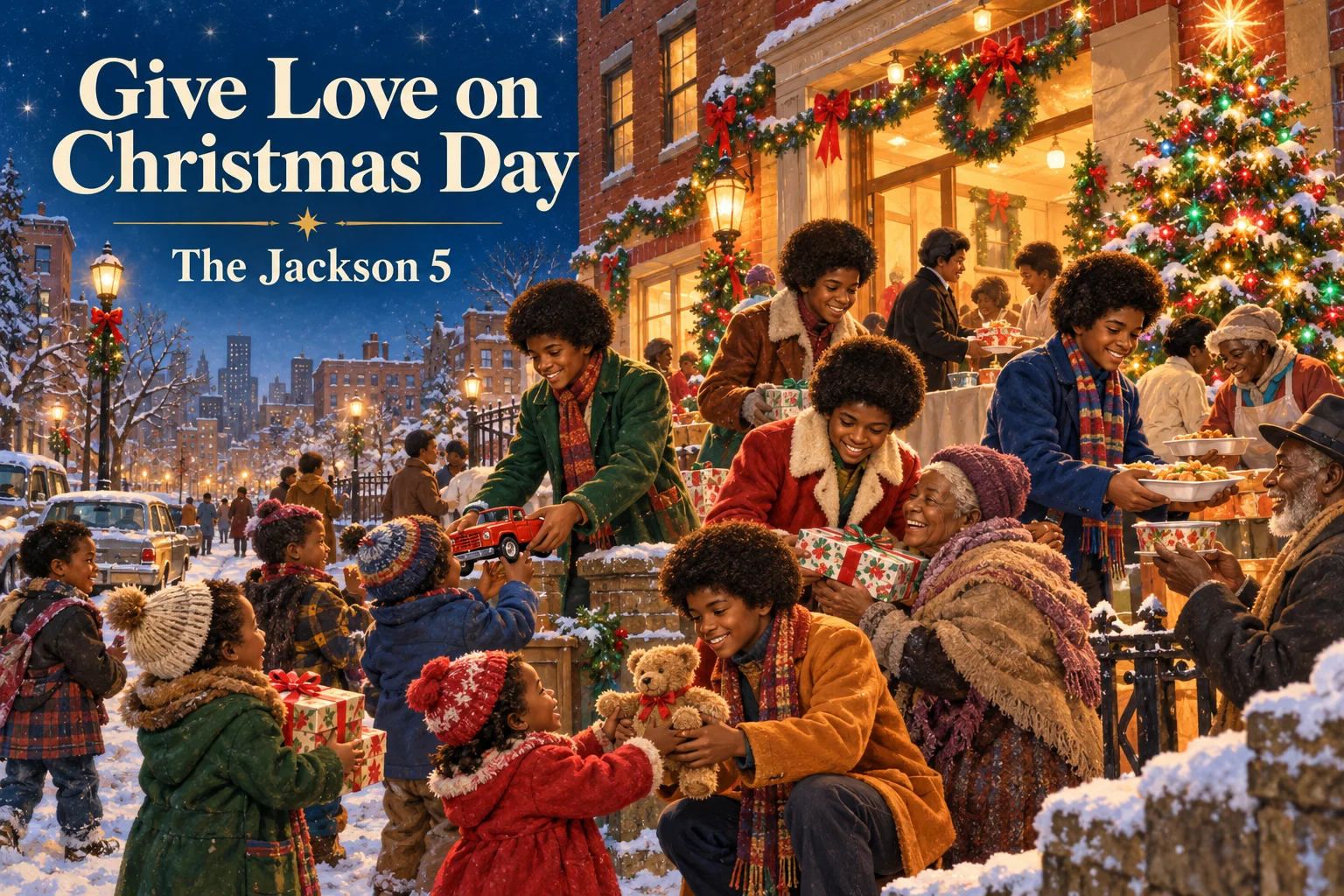 Give Love on Christmas Day – young brothers share gifts and meals with their snowy neighborhood.