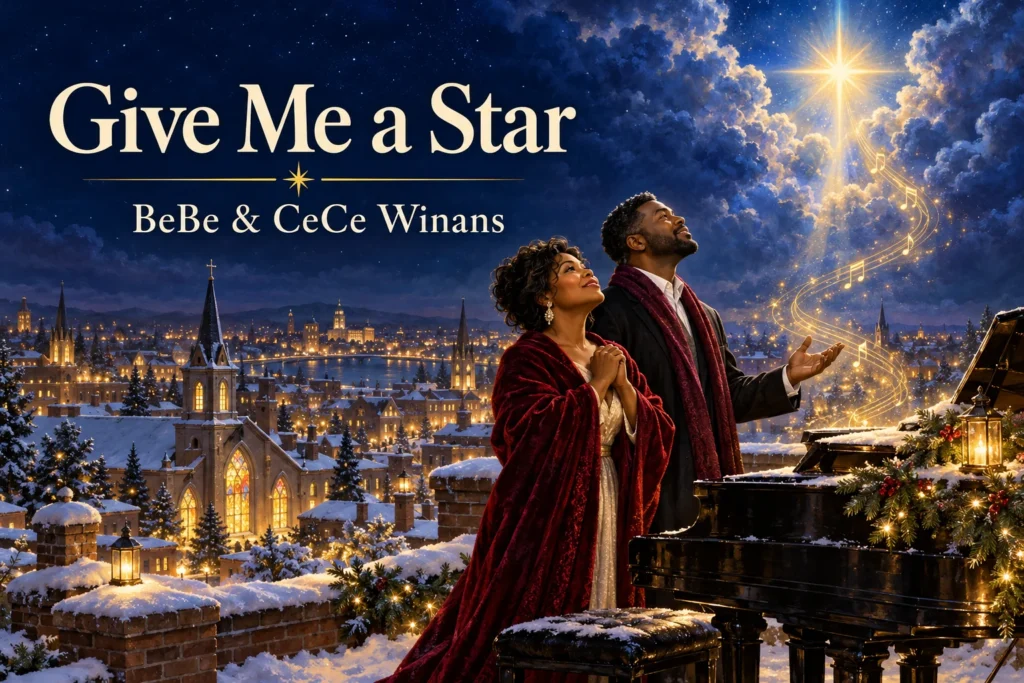 Give Me a Star – gospel singers look toward a radiant Christmas star above a city.