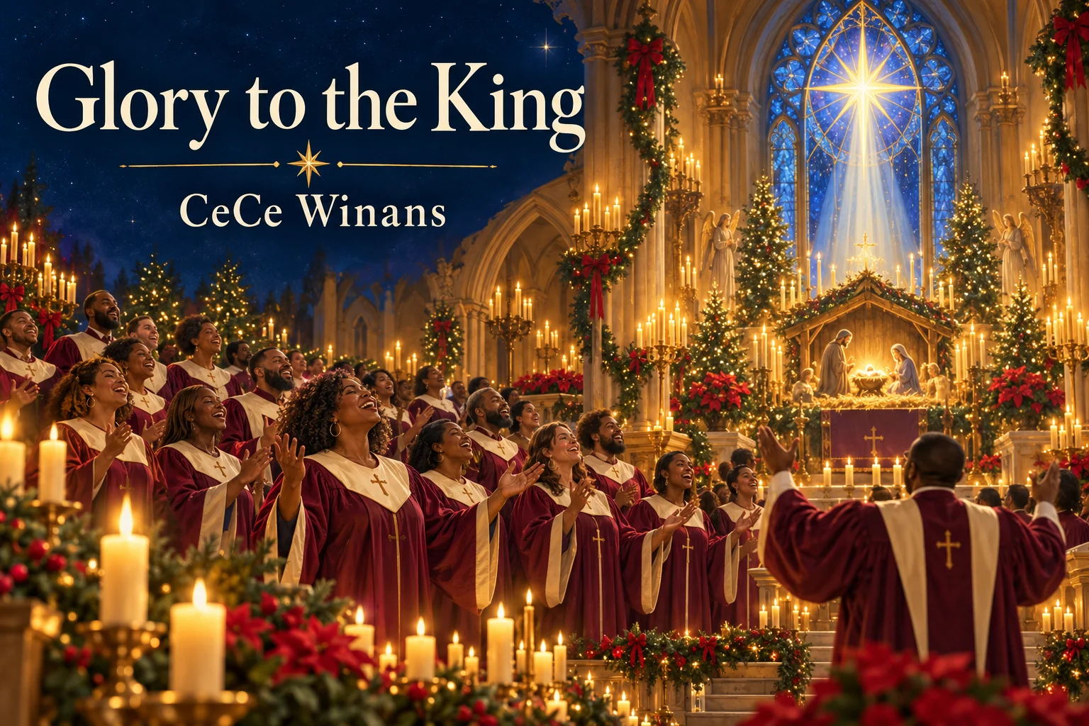 Glory to the King: joyful gospel choir celebrates beside a radiant Christmas Nativity.