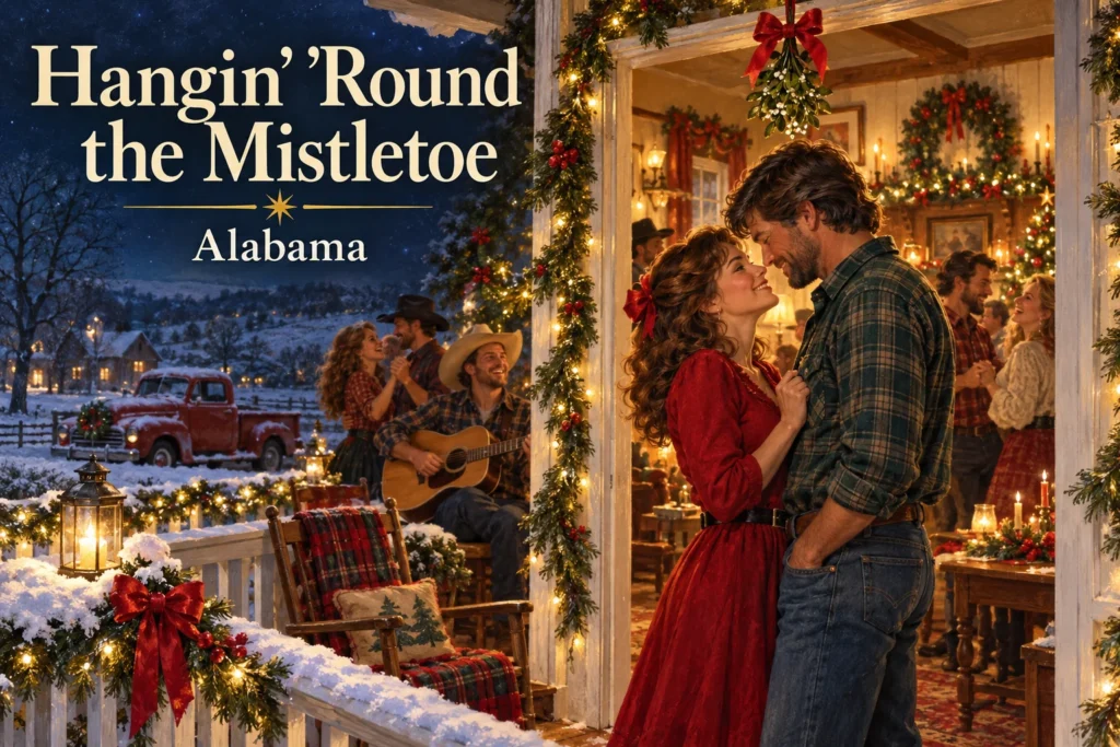 Hangin’ ’Round the Mistletoe – couple shares a romantic moment at a snowy farmhouse Christmas party.
