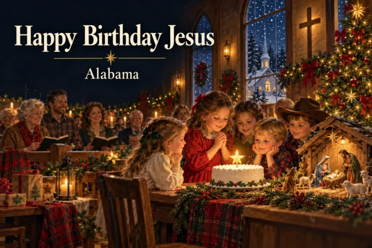 Happy Birthday Jesus: children celebrate beside a candlelit Nativity at Christmas.