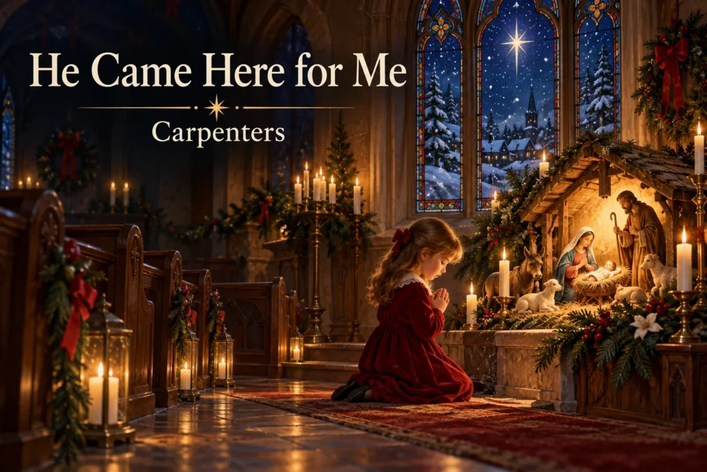 He Came Here for Me – child kneels beside a glowing Nativity inside a candlelit chapel.
