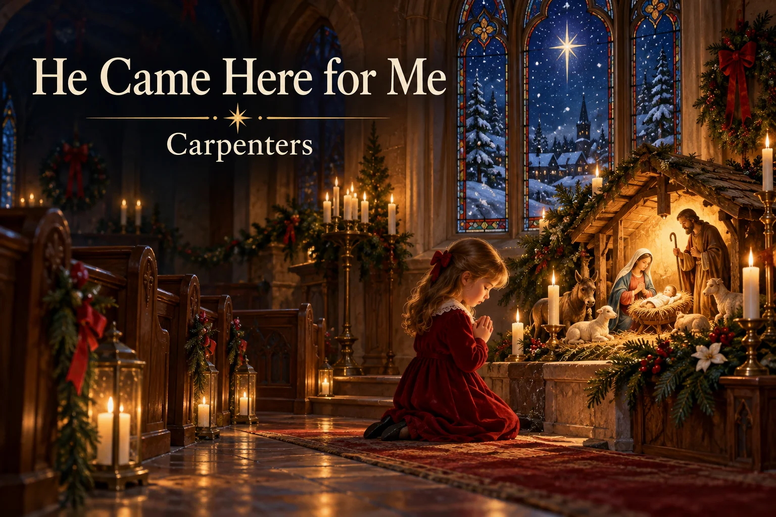 He Came Here for Me – child kneels beside a glowing Nativity inside a candlelit chapel.