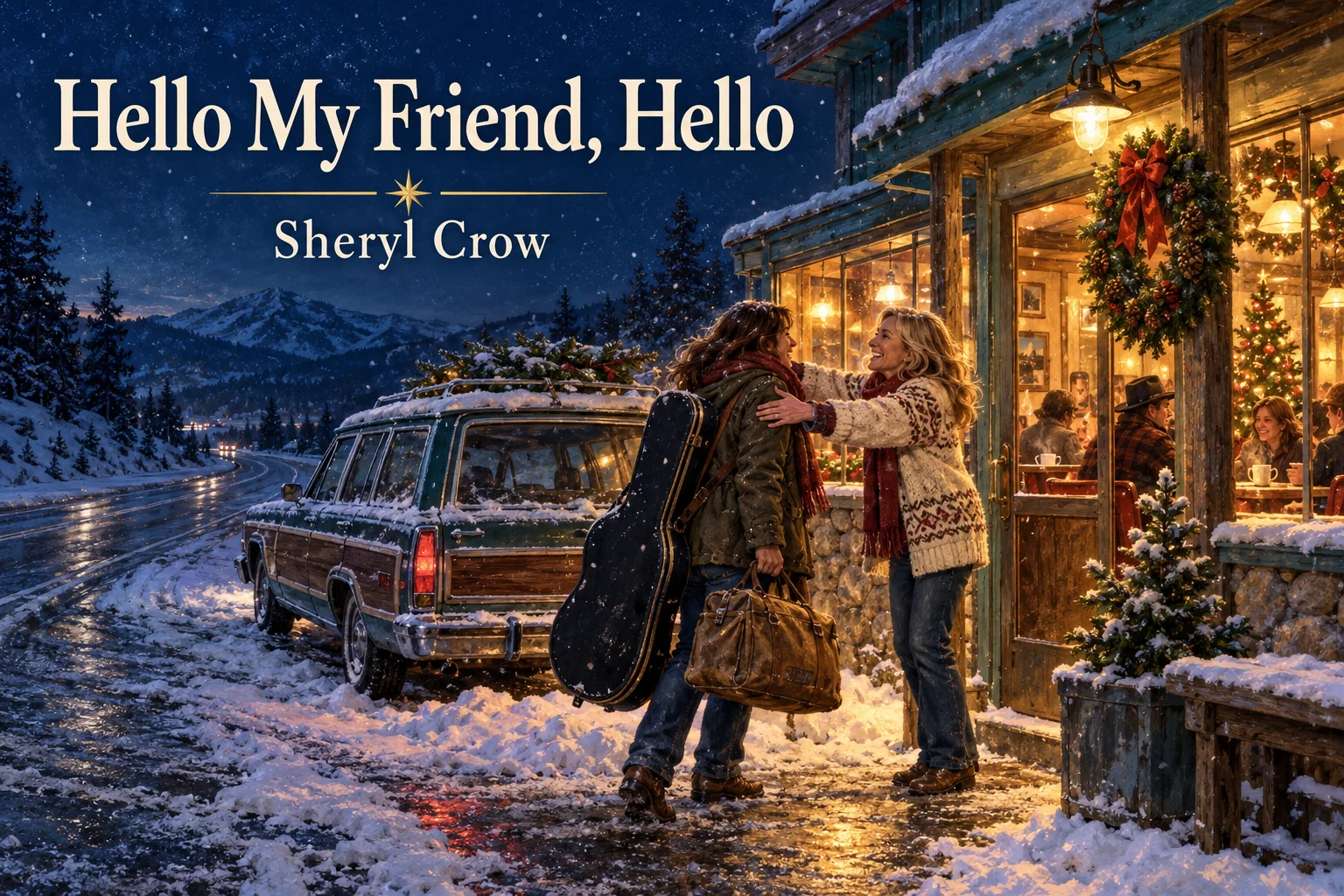 Hello My Friend, Hello – longtime friends reunite outside a cozy roadside diner on Christmas Eve.