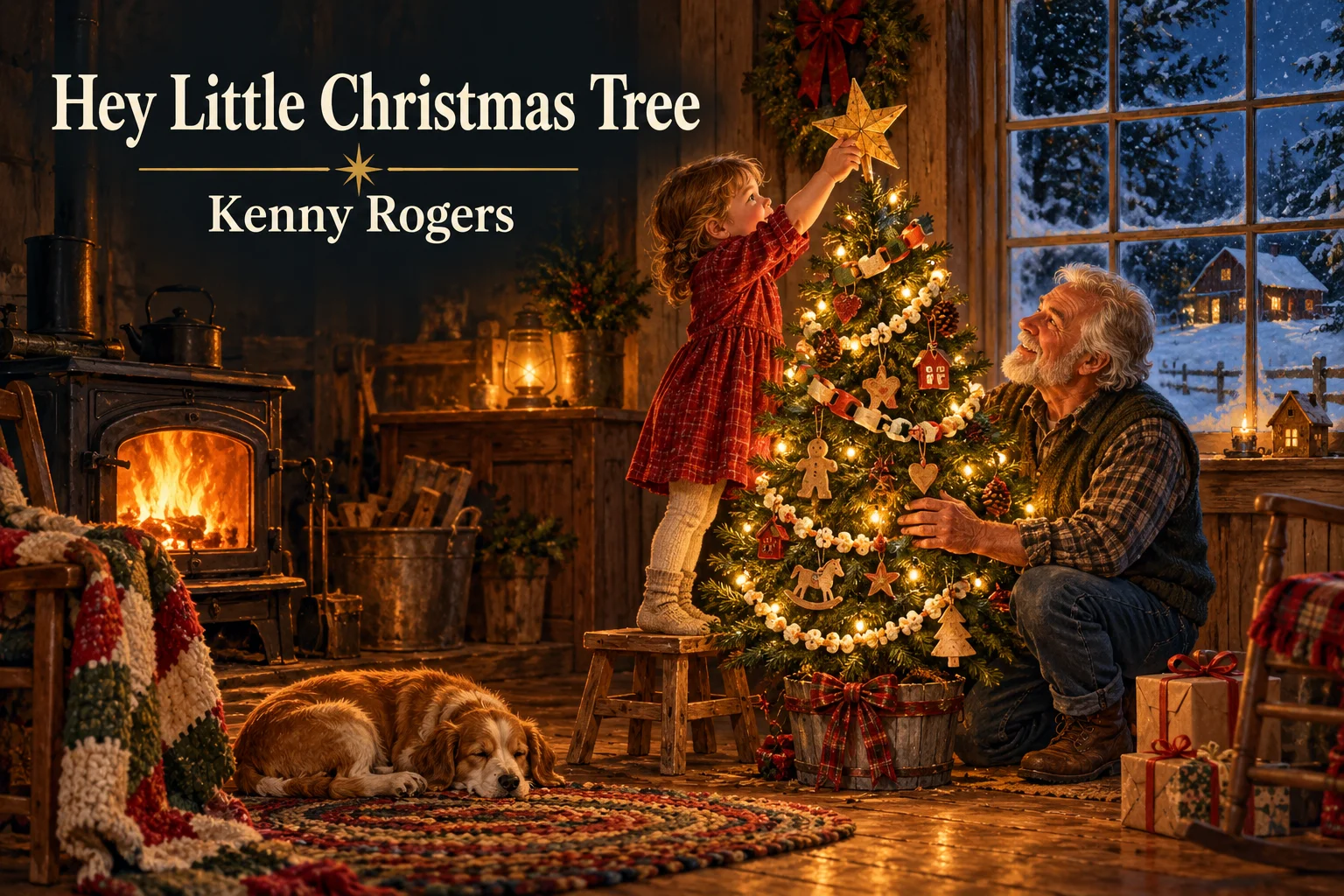 Hey Little Christmas Tree – child and grandfather decorate a small farmhouse tree together.