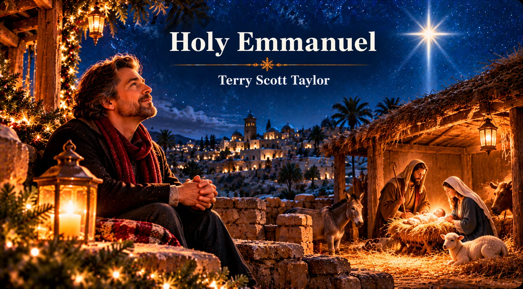 Holy Emmanuel – peaceful nativity scene glows beneath the Star of Bethlehem on Christmas night.